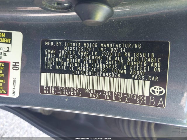 2014 Toyota Corolla S Plus მანქანა იყიდება აუქციონზე, vin: 5YFBURHE3EP096978, აუქციონის ნომერი: 45658564