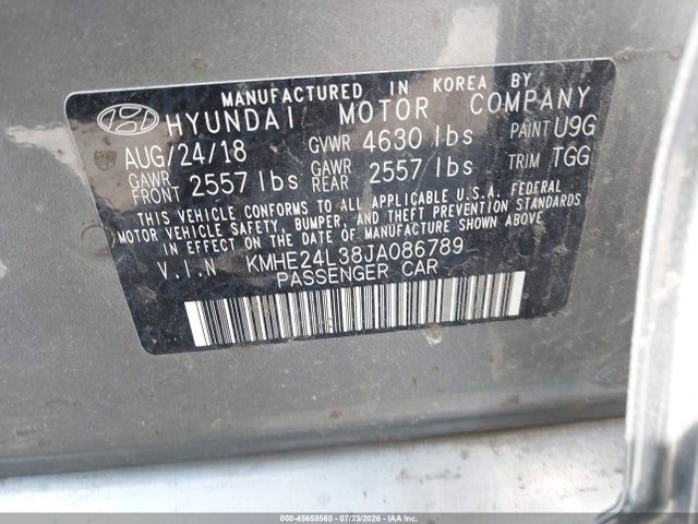 Aukcja sprzedaży 2018 Hyundai Sonata Hybrid Se, vin: KMHE24L38JA086789, numer aukcji: 45658565