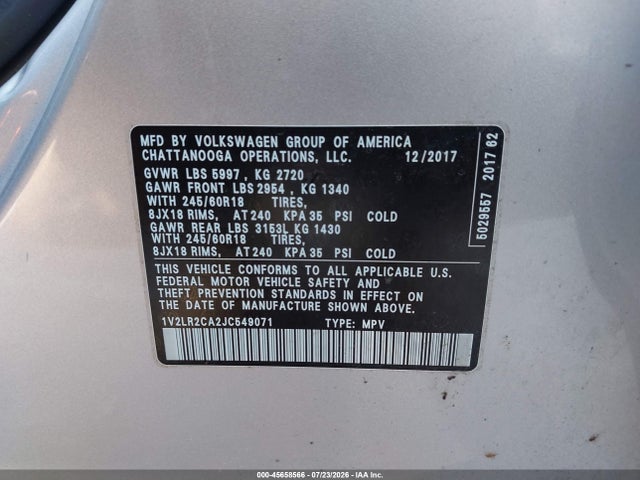 Aukcja sprzedaży 2018 Volkswagen Atlas 3.6l V6 Se/3.6l V6 Se W/technology, vin: 1V2LR2CA2JC549071, numer aukcji: 45658566