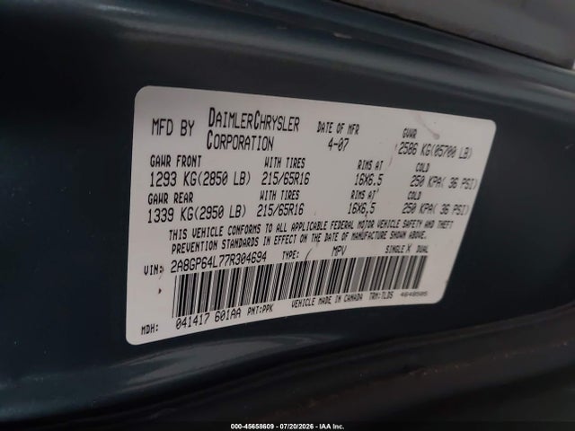 45658609 :رقم المزاد ، 2A8GP64L77R304694 vin ، 2007 Chrysler Town & Country Limited مزاد بيع