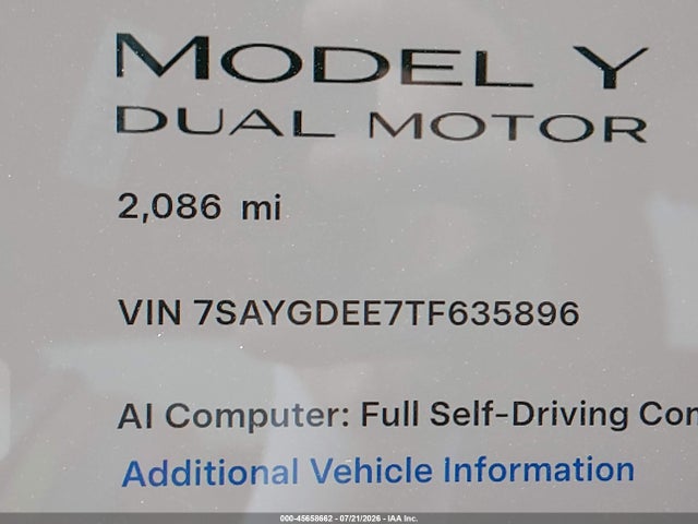 Продажа на аукционе авто 2026 Tesla Model Y All-wheel Drive/long Range Launch Series/premium All-wheel Drive, vin: 7SAYGDEE7TF635896, номер лота: 45658662
