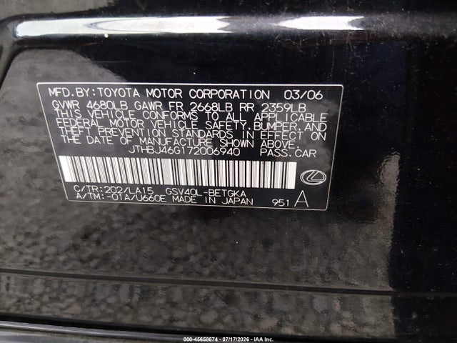 Продаж на аукціоні авто 2007 Lexus Es 350, vin: JTHBJ46G172006940, номер лоту: 45658674