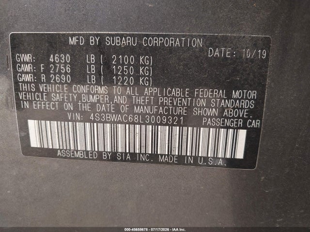 45658678 :رقم المزاد ، 4S3BWAC68L3009321 vin ، 2020 Subaru Legacy Premium مزاد بيع