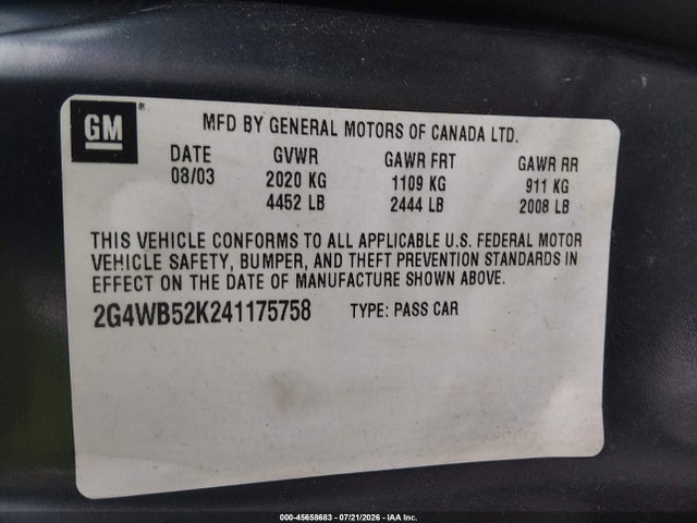 Продажа на аукционе авто 2004 Buick Regal Ls, vin: 2G4WB52K241175758, номер лота: 45658683
