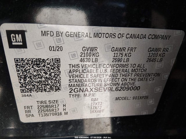 45658694 :رقم المزاد ، 2GNAXSEV9L6209000 vin ، 2020 Chevrolet Equinox Awd Ls مزاد بيع