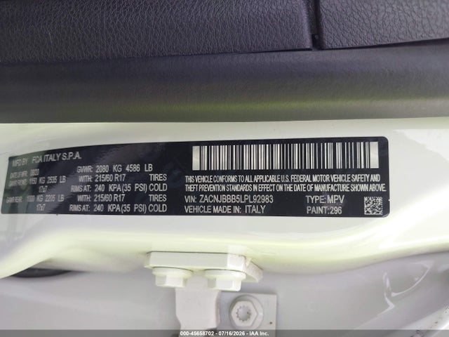 2020 Jeep Renegade Altitude 4x4 მანქანა იყიდება აუქციონზე, vin: ZACNJBBB5LPL92983, აუქციონის ნომერი: 45658702