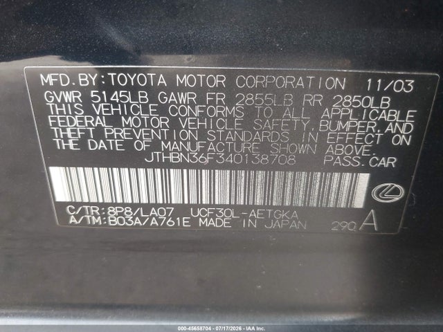 Продажа на аукционе авто 2004 Lexus Ls 430, vin: JTHBN36F340138708, номер лота: 45658704
