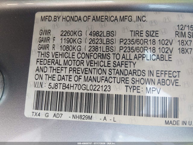 2016 Acura Rdx Advance Package მანქანა იყიდება აუქციონზე, vin: 5J8TB4H70GL022123, აუქციონის ნომერი: 45658707