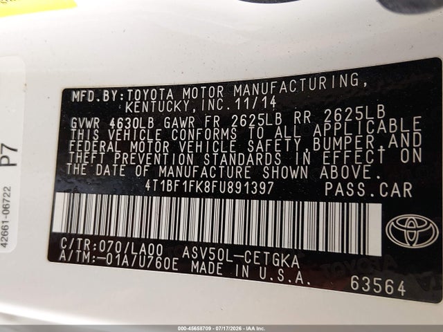 Toyota CAMRY XLE 2015 4T1BF1FK8FU891397 Image 9