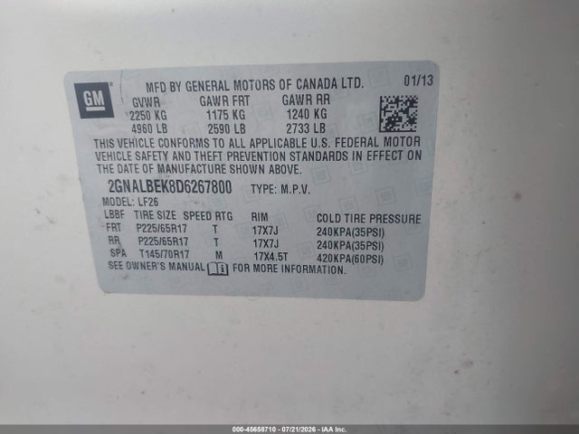 2013 Chevrolet Equinox Ls მანქანა იყიდება აუქციონზე, vin: 2GNALBEK8D6267800, აუქციონის ნომერი: 45658710