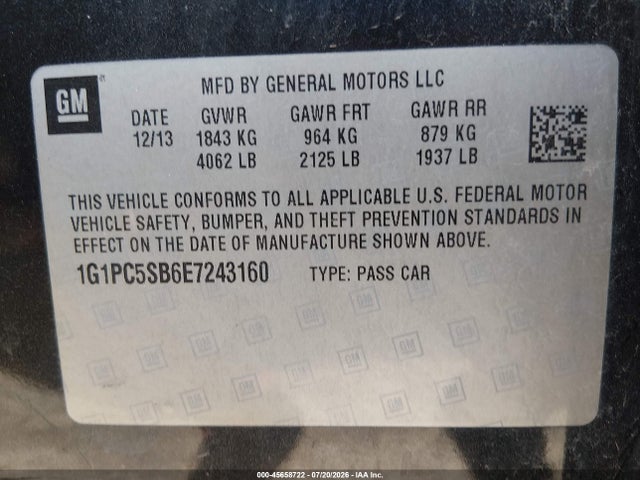 1G1PC5SB6E7243160 Chevrolet Cruze 1lt Auto