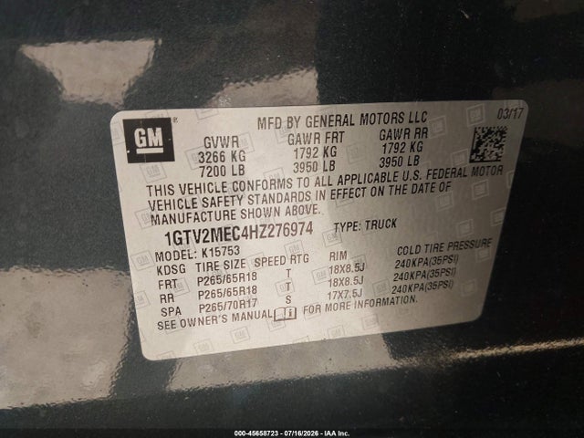 45658723 :رقم المزاد ، 1GTV2MEC4HZ276974 vin ، 2017 Gmc Sierra 1500 Sle مزاد بيع