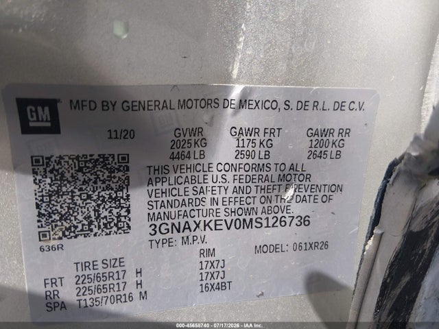 Продаж на аукціоні авто 2021 Chevrolet Equinox Fwd Lt, vin: 3GNAXKEV0MS126736, номер лоту: 45658740
