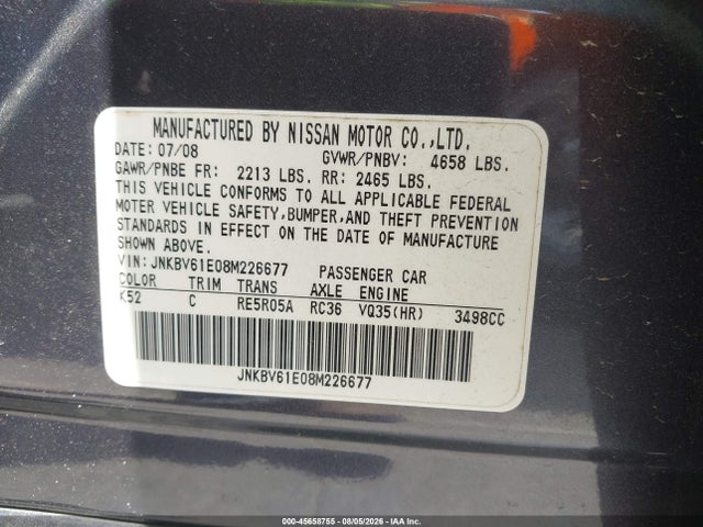 45658755 :رقم المزاد ، JNKBV61E08M226677 vin ، 2008 Infiniti G35 Journey مزاد بيع