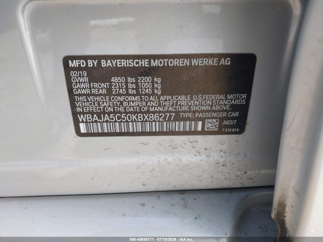 Продаж на аукціоні авто 2019 Bmw 530i, vin: WBAJA5C50KBX86277, номер лоту: 45658771
