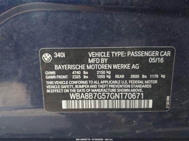 Aukcja sprzedaży 2016 Bmw 340i Xdrive, vin: WBA8B7G57GNT70671, numer aukcji: 45658779