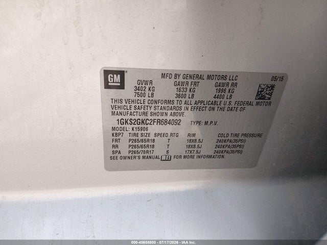 45658800 :رقم المزاد ، 1GKS2GKC2FR684092 vin ، 2015 Gmc Yukon Xl 1500 Sle مزاد بيع