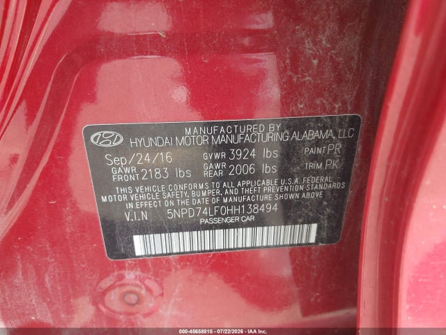 2017 Hyundai Elantra Se მანქანა იყიდება აუქციონზე, vin: 5NPD74LF0HH138494, აუქციონის ნომერი: 45658815