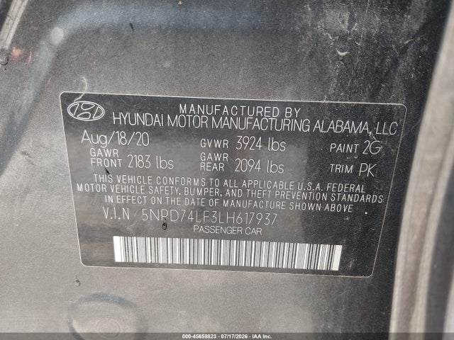 45658823 :رقم المزاد ، 5NPD74LF3LH617937 vin ، 2020 Hyundai Elantra Se مزاد بيع