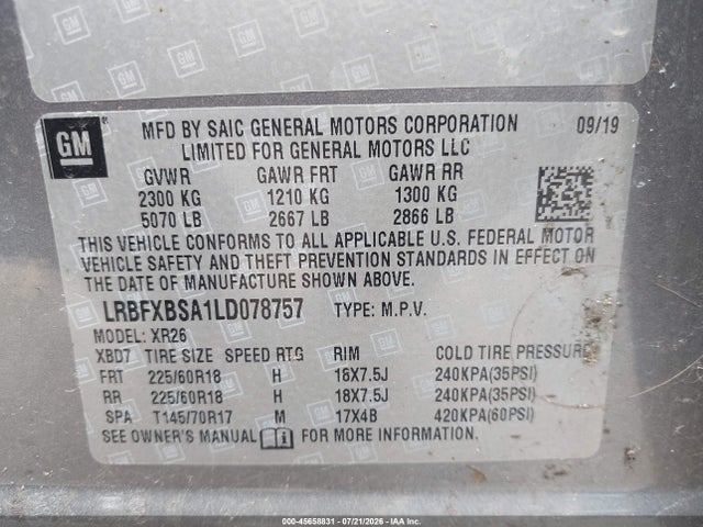 Auction sale of the 2020 Buick Envision Fwd Preferred, vin: LRBFXBSA1LD078757, lot number: 45658831