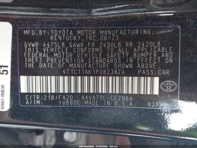 Aukcja sprzedaży 2023 Toyota Camry Le, vin: 4T1C11AK1PU823874, numer aukcji: 45658846