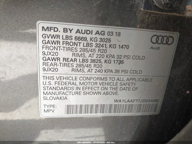 45658851 :رقم المزاد ، WA1LAAF77JD034865 vin ، 2018 Audi Q7 3.0t Premium مزاد بيع