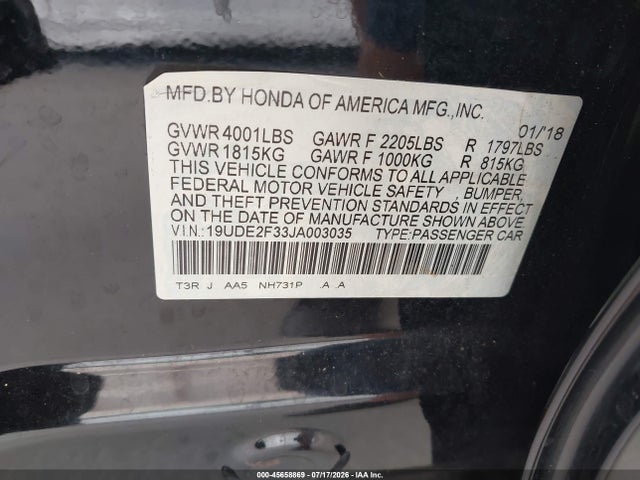 45658869 :رقم المزاد ، 19UDE2F33JA003035 vin ، 2018 Acura Ilx Acurawatch Plus Package مزاد بيع