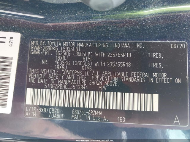 Aukcja sprzedaży 2020 Toyota Highlander Xle, vin: 5TDGZRBH0LS513844, numer aukcji: 45658882