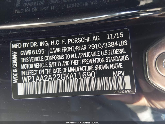 45658884 :رقم المزاد ، WP1AA2A22GKA11690 vin ، 2016 Porsche Cayenne مزاد بيع
