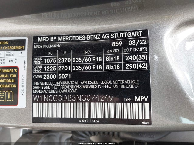 45658898 :رقم المزاد ، W1N0G8DB3NG074249 vin ، 2022 Mercedes-benz Glc 300 Suv مزاد بيع