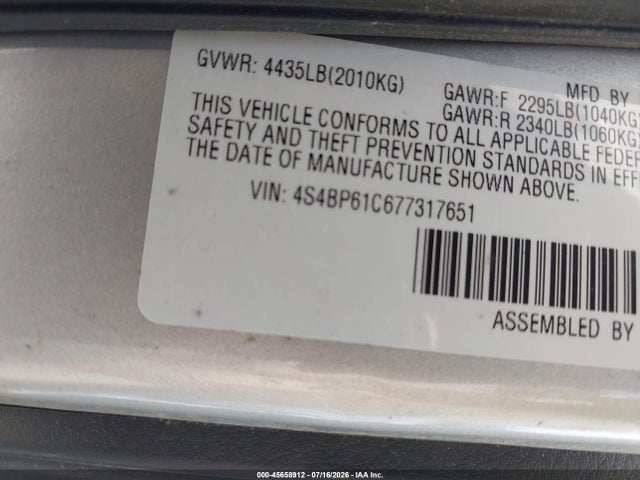 Aukcja sprzedaży 2007 Subaru Outback 2.5i Basic, vin: 4S4BP61C677317651, numer aukcji: 45658912
