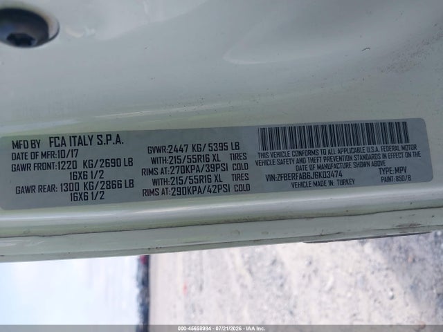 45658984 :رقم المزاد ، ZFBERFAB6J6K03474 vin ، 2018 Ram Promaster City Tradesman مزاد بيع
