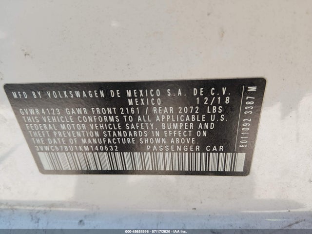 2019 Volkswagen Jetta 1.4t R-line/1.4t S/1.4t Se მანქანა იყიდება აუქციონზე, vin: 3VWC57BU1KM140532, აუქციონის ნომერი: 45658996