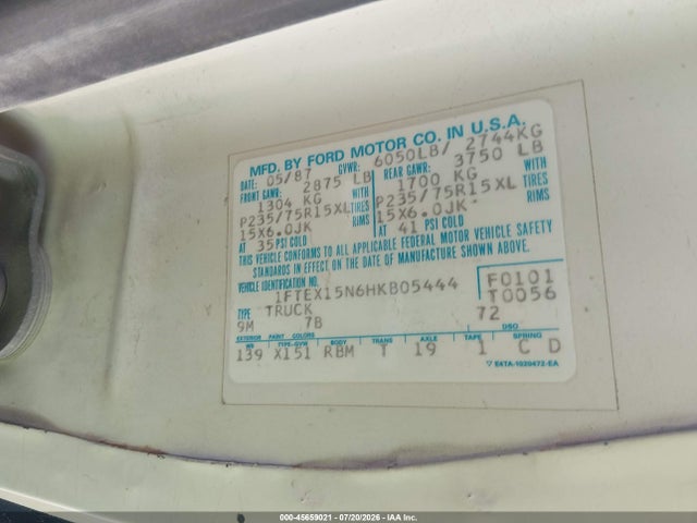 45659021 :رقم المزاد ، 1FTEX15N6HKB05444 vin ، 1987 Ford F150 مزاد بيع