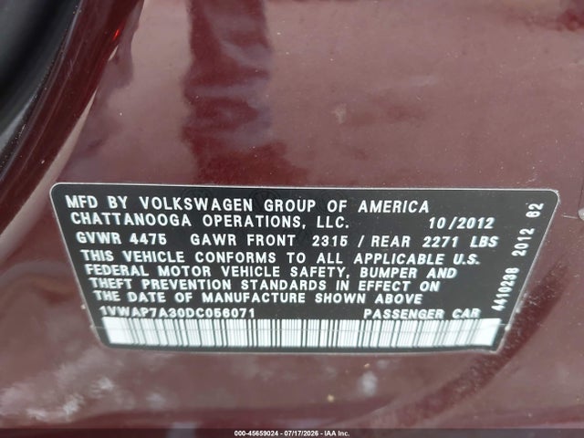 2013 Volkswagen Passat 2.5l S მანქანა იყიდება აუქციონზე, vin: 1VWAP7A30DC056071, აუქციონის ნომერი: 45659024