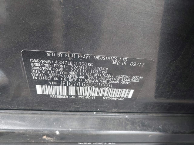 Aukcja sprzedaży 2013 Subaru Impreza Wrx, vin: JF1GR7E62DG216591, numer aukcji: 45659041