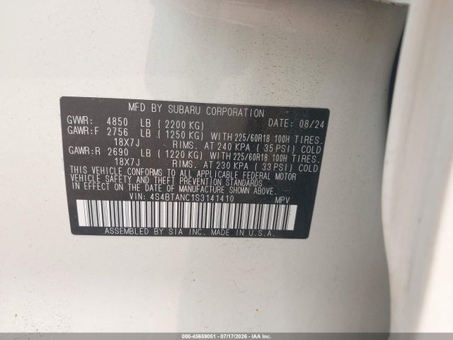 Aukcja sprzedaży 2025 Subaru Outback Limited, vin: 4S4BTANC1S3141410, numer aukcji: 45659051