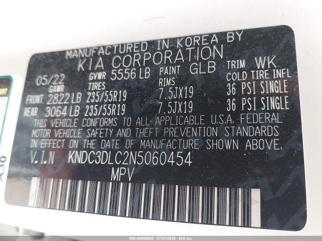 45659055 :رقم المزاد ، KNDC3DLC2N5060454 vin ، 2022 Kia Ev6 Wind مزاد بيع