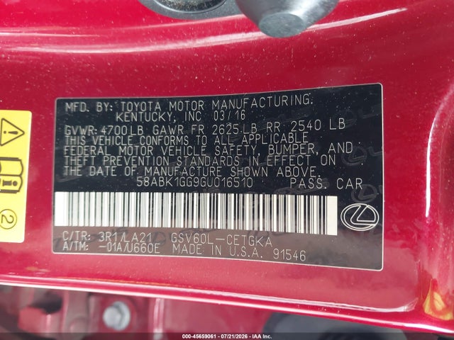 Aukcja sprzedaży 2016 Lexus Es 350, vin: 58ABK1GG9GU016510, numer aukcji: 45659061
