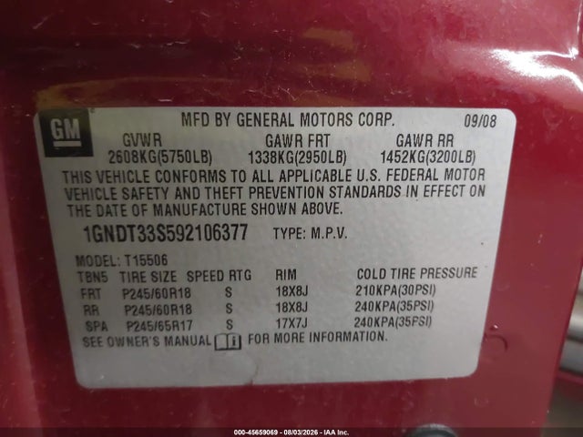 45659069 :رقم المزاد ، 1GNDT33S592106377 vin ، 2009 Chevrolet Trailblazer Lt مزاد بيع