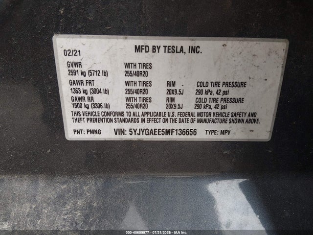 Продаж на аукціоні авто 2021 Tesla Model Y Long Range Dual Motor All-wheel Drive, vin: 5YJYGAEE5MF136656, номер лоту: 45659077