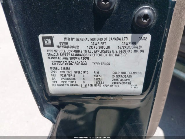 Продаж на аукціоні авто 2002 Gmc Sierra 1500 Sle, vin: 2GTEC19V621401853, номер лоту: 45659093