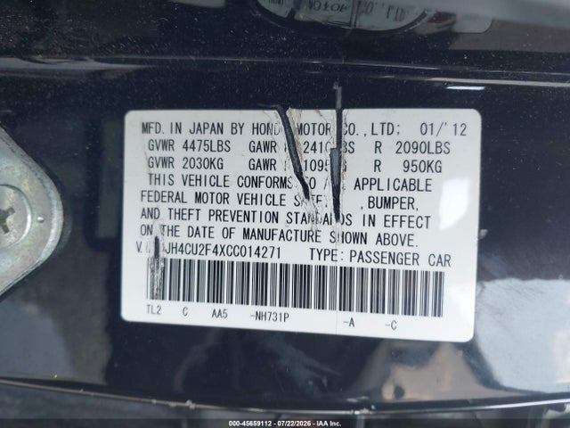 45659112 :رقم المزاد ، JH4CU2F4XCC014271 vin ، 2012 Acura Tsx 2.4 مزاد بيع