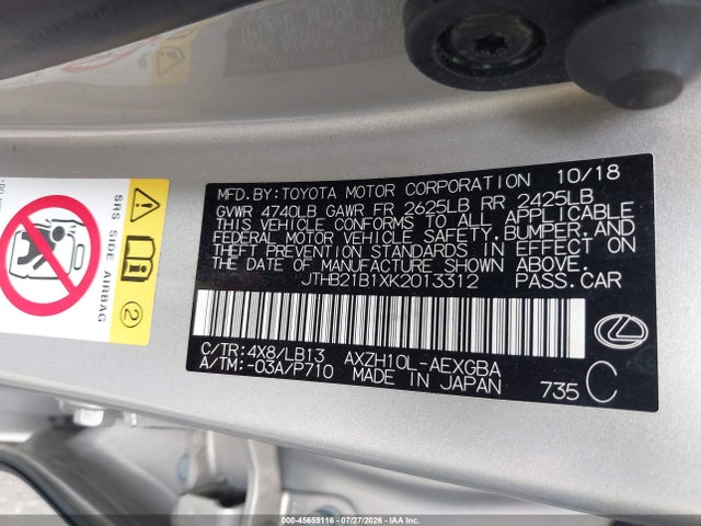 Продаж на аукціоні авто 2019 Lexus Es 300h Luxury, vin: JTHB21B1XK2013312, номер лоту: 45659116