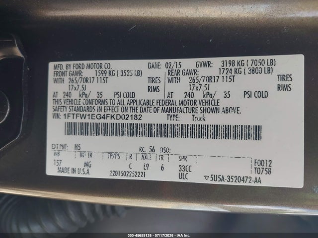Продаж на аукціоні авто 2015 Ford F-150 Xlt, vin: 1FTFW1EG4FKD02182, номер лоту: 45659126