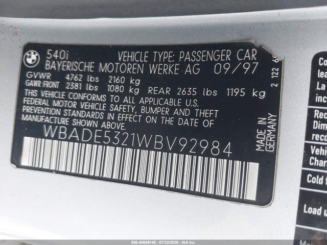 1998 Bmw 540i მანქანა იყიდება აუქციონზე, vin: WBADE5321WBV92984, აუქციონის ნომერი: 45659140