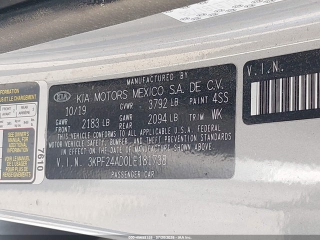 Продажа на аукционе авто 2020 Kia Forte Lxs, vin: 3KPF24AD0LE181738, номер лота: 45659159