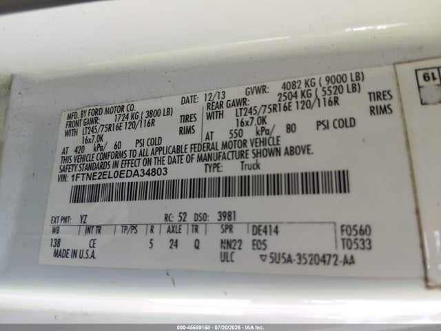 45659168 :رقم المزاد ، 1FTNE2EL0EDA34803 vin ، 2014 Ford E-250 Commercial مزاد بيع