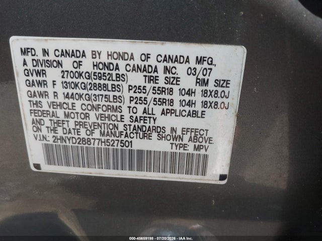 45659198 :رقم المزاد ، 2HNYD28877H527501 vin ، 2007 Acura Mdx Sport Package مزاد بيع