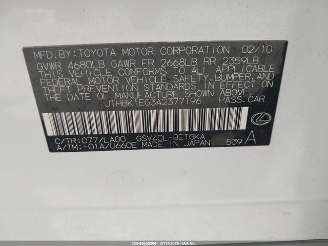 Aukcja sprzedaży 2010 Lexus Es 350, vin: JTHBK1EG3A2377196, numer aukcji: 45659204